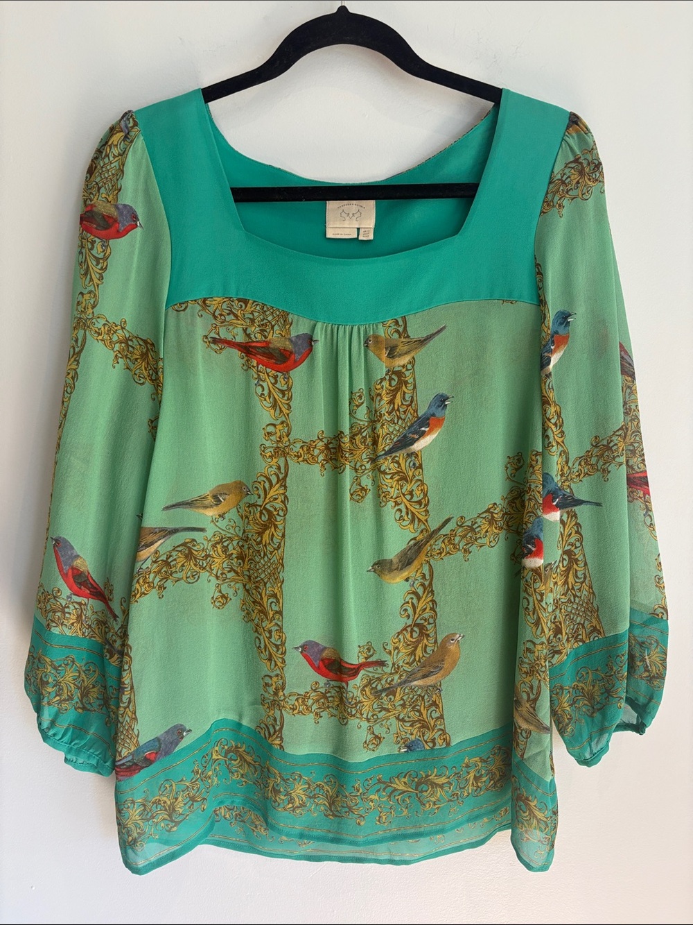 Green Bird-Print Sheer Scoop-Neck Blouse